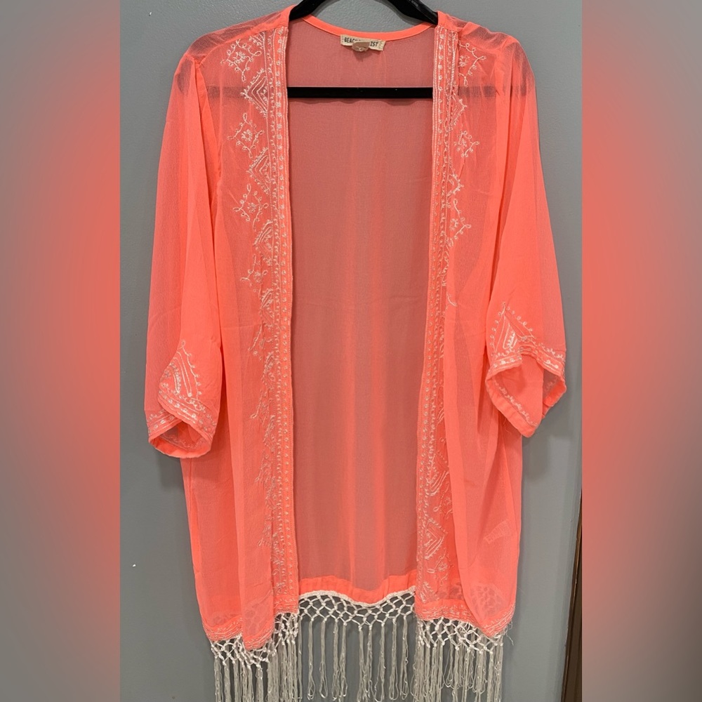 Beach By Exist Coral Cover-up. Embroidered & Fringed One Size